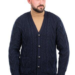 SAOL Merino Wool Men's V Neck Cable Cardigan Irish Knit Navy Men Size XXL  NWT